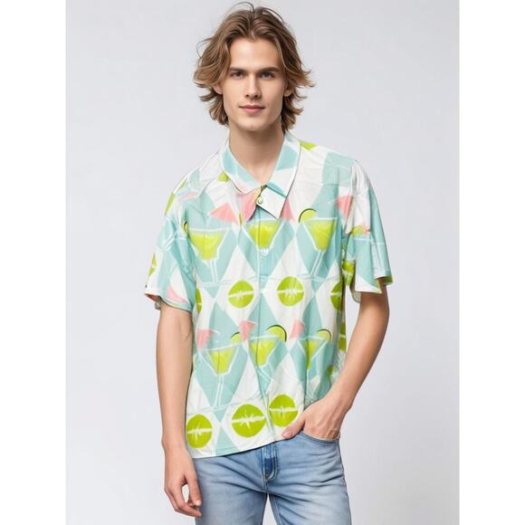 Men's 3XL Margarita Print Green & White Short Sleeve Button-Up Shirt - Picture 1 of 5